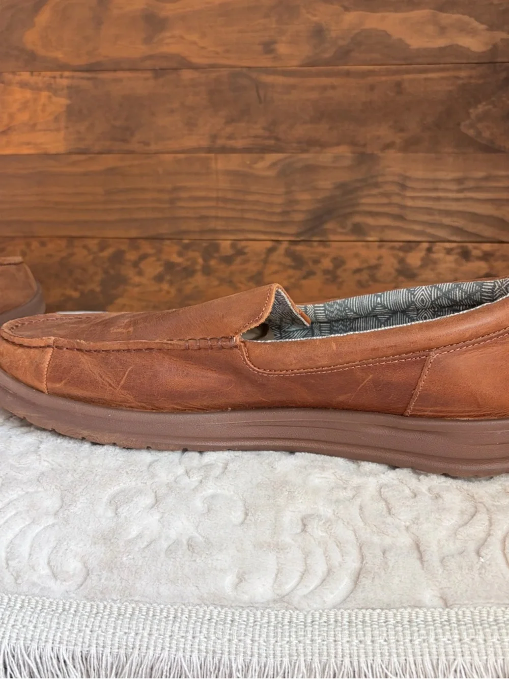 Hey Dude Wally Grip Moc Craft Leather Shoes Men Sz 15 Brown Slip On Comfort EUC - Picture 15 of 16